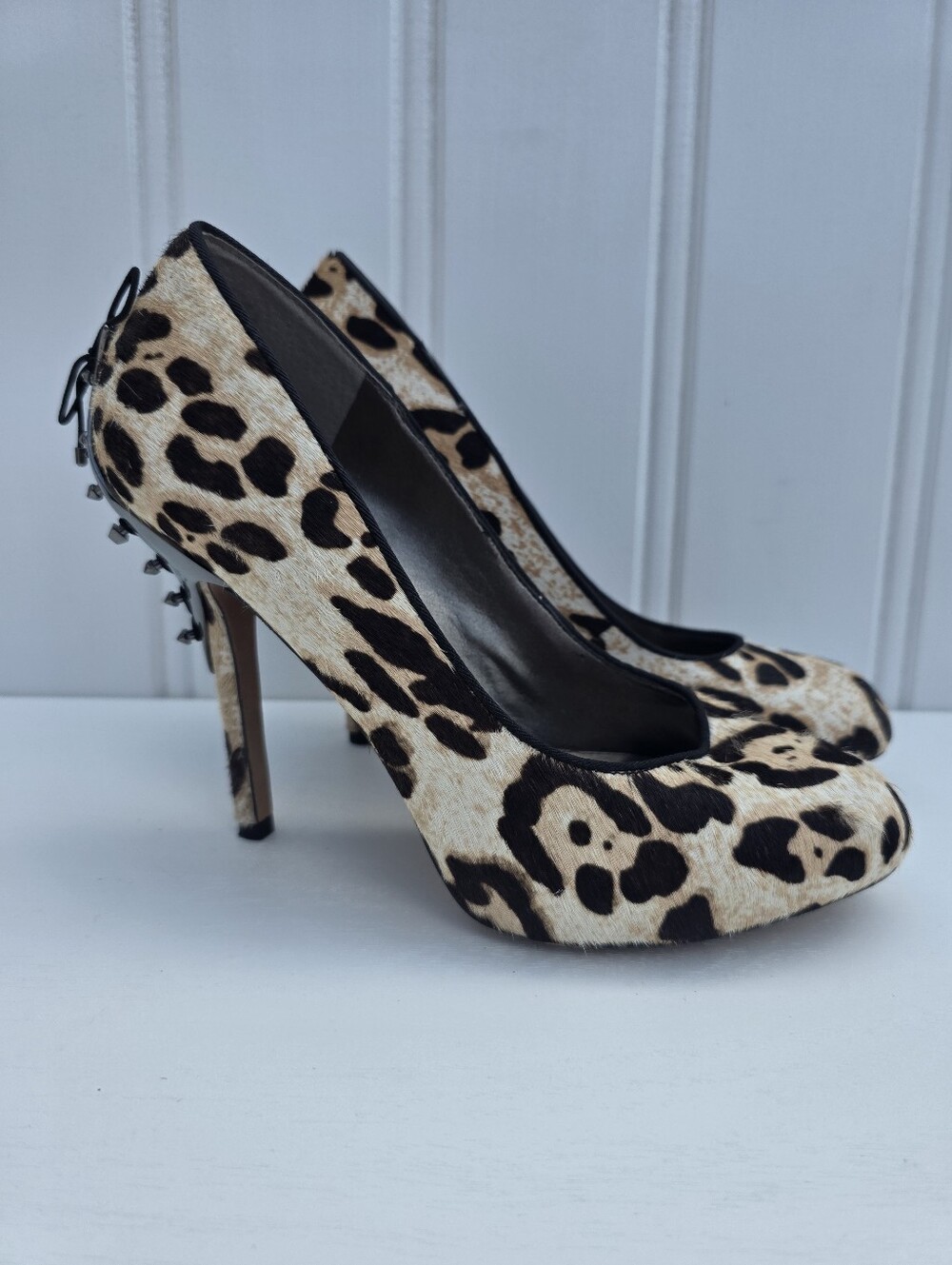 Sam Edelman Evan Leopard Print Calf Hair Leather Spiked Lace Up Pumps Size 7M